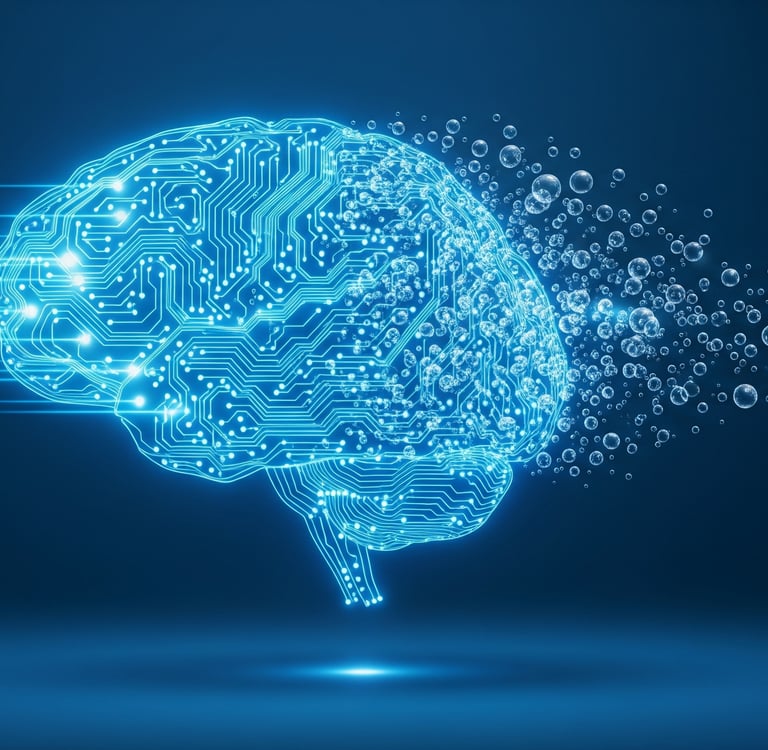 Cerebro digital brillante cuyos datos se disuelven en burbujas, simbolizando la memoria de la IA. Y de las burbujas sale Dory