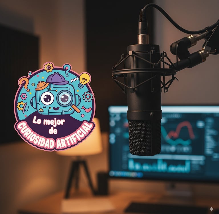 Micrófono de estudio de grabación y un logo divertido para "Lo Mejor de Curiosidad Artificial".
