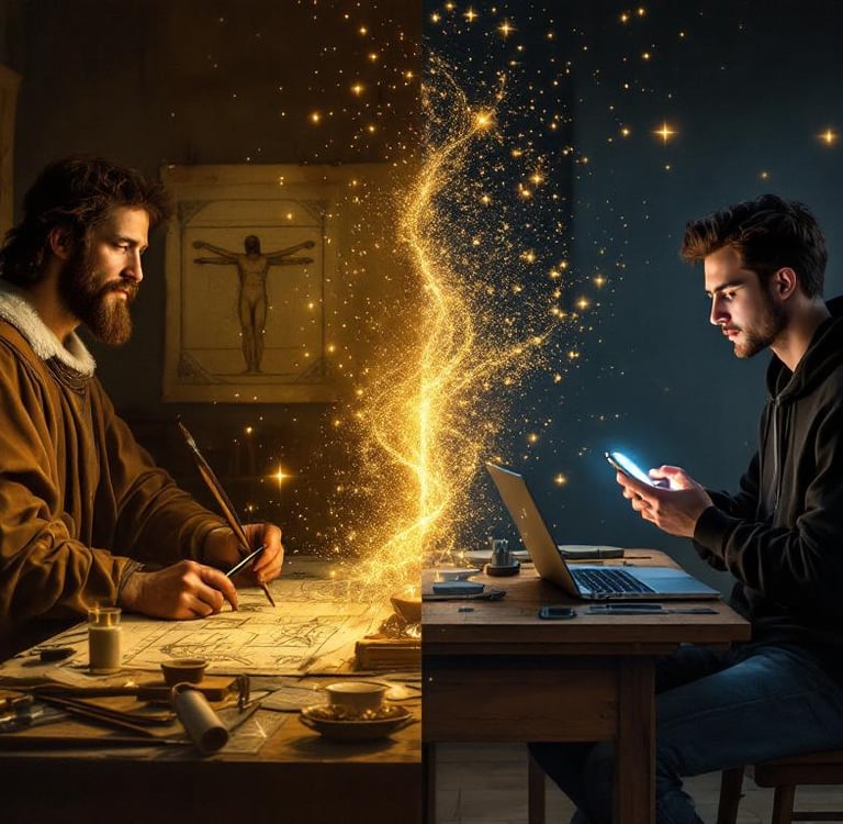 Leonardo da Vinci y persona moderna unidos por luz dorada que transforma herramientas en símbolos de IA