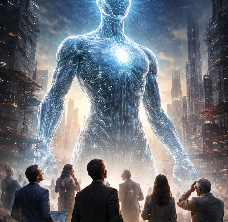 Superinteligencia emergiendo, como un holograma luminoso de luz azul, sobre los humanos que miran asustados.