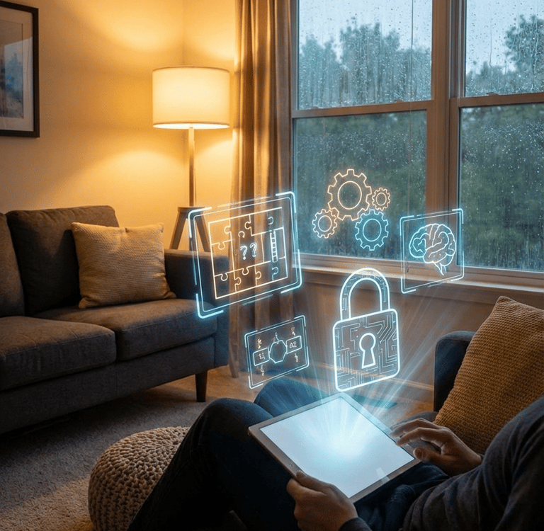 Persona en un salón lluvioso usa una tablet de la que emergen hologramas de puzles, cerebro y un candado.