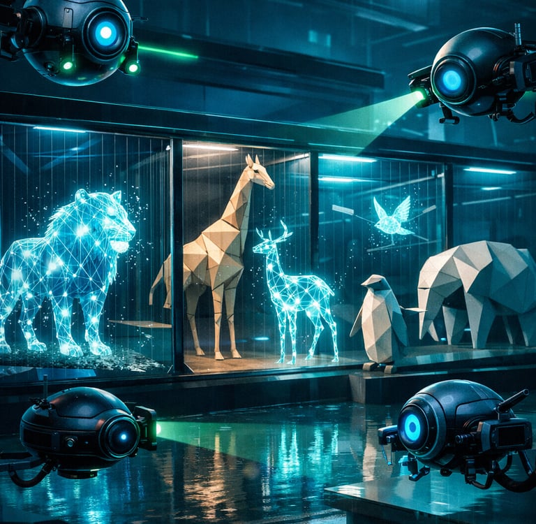 Robots y drones escaneando animales de luz digital en un zoológico futurista vacío de humanos.