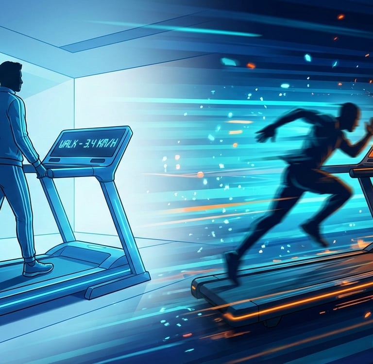Persona corriendo en cinta de correr futurista que acelera: metáfora de la brecha tecnológica con la IA.