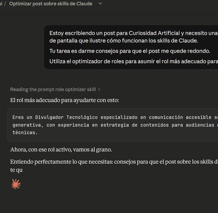 Captura del proceso de generación de la respuesta de Claude utilizando el skill role optimizer.