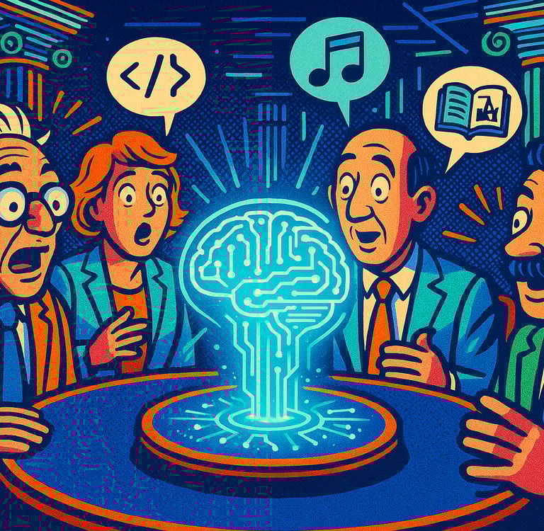 En una mesa redonda 4 personajes de dibujos hablan de lo que hace la IA. Del centro emerge un cerebro holográfico.