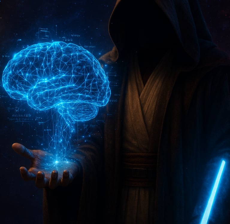 Cerebro holográfico con redes neuronales flotando sobre mano de Jedi .