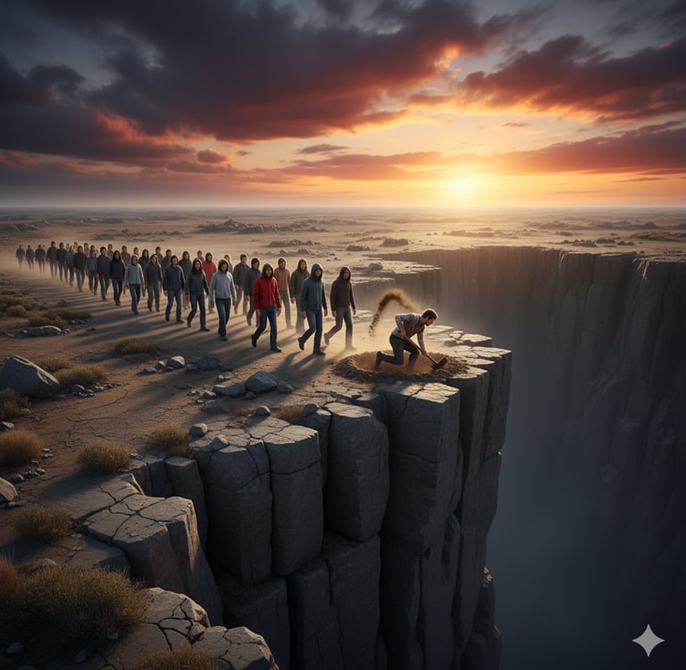 Una fila de personas caminando en fila hacia un precipicio. En el borde del precipicio una persona está cavando un agujero.