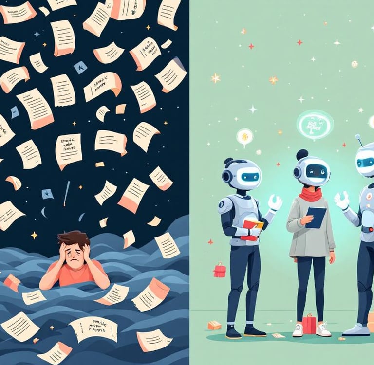 Ilustración comparativa: caos de prompts genéricos vs organización con agentes de IA personalizados