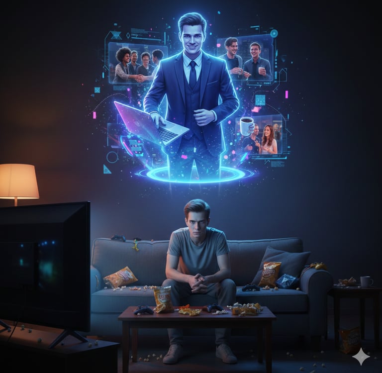 Hombre en sofá mientras su IA holográfica vive su vida social y laboral en su lugar.