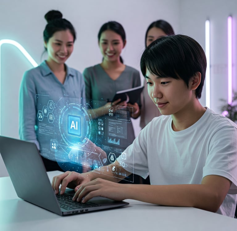 Un estudiante trabaja en su portátil con IA ante la atenta mirada de sus docentes.