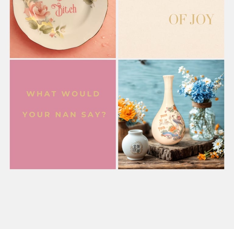 Collage featuring a “Posh as Fuck” vase, “Dirty Bitch” plate, and bold Swears of Joy branding 