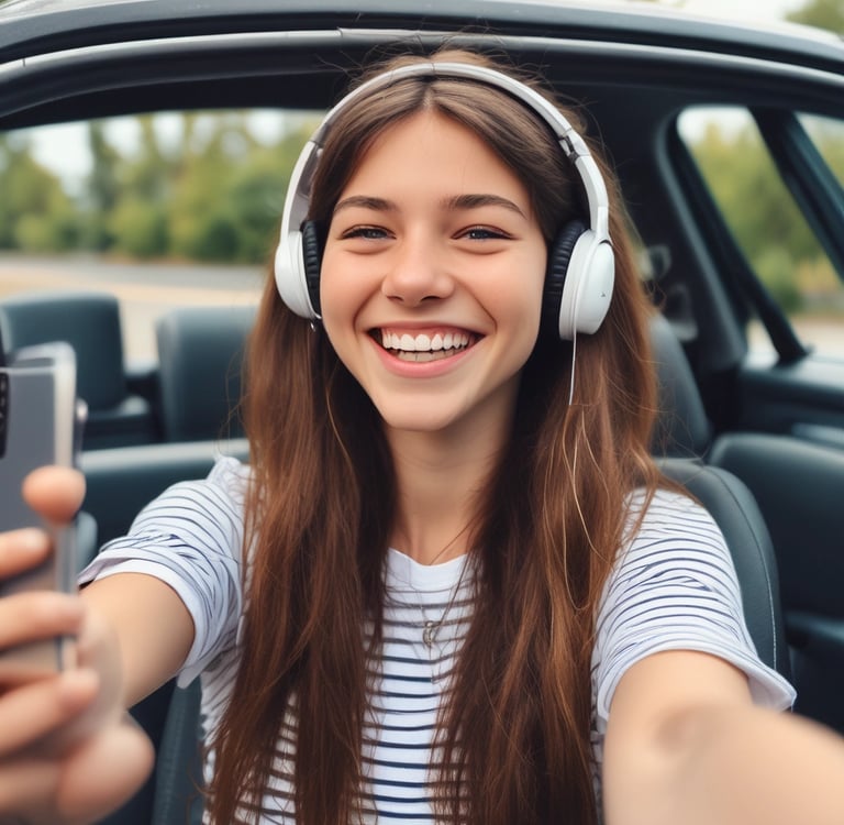 Niña haciendose un selfie para RRSS sonriendo con los cascos puestos