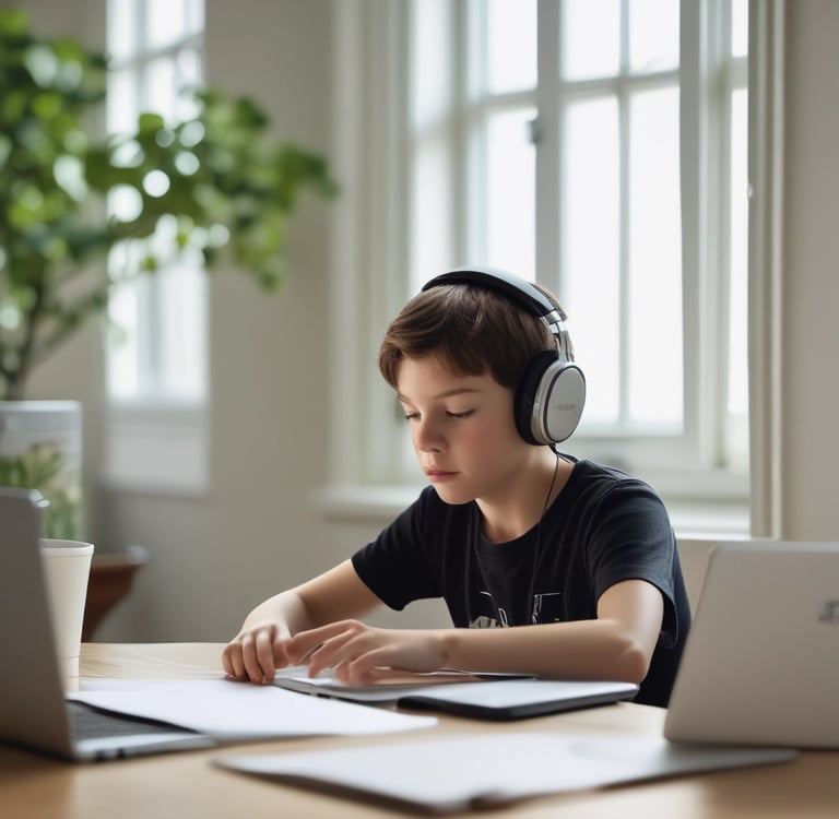 Niño de entre 8-10 años con auriclares puestos y escribiendo en el laptop