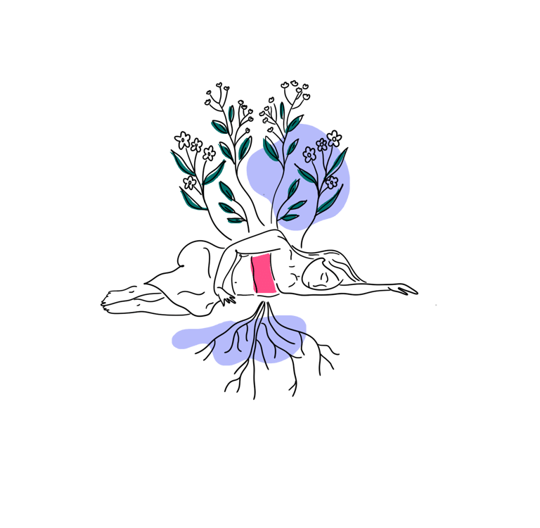 Ilustración en línea de una mujer que está creciendo y le nacen ramas y plantas 