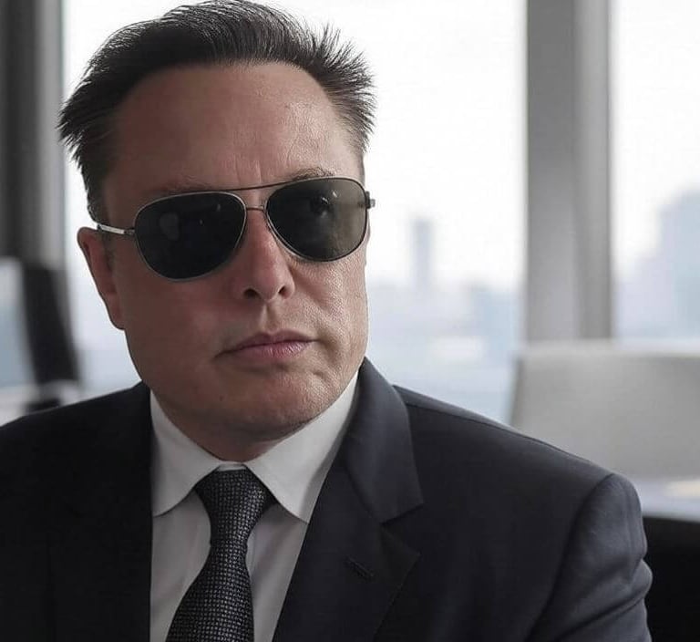 a man in a suit and sunglasses sitting at a table