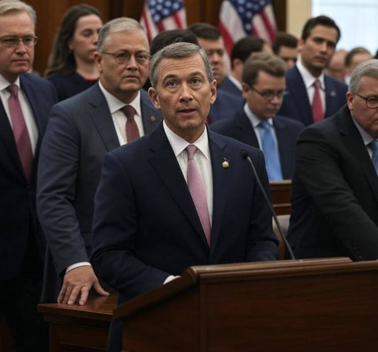 a man in a suit and tie standing at a podium