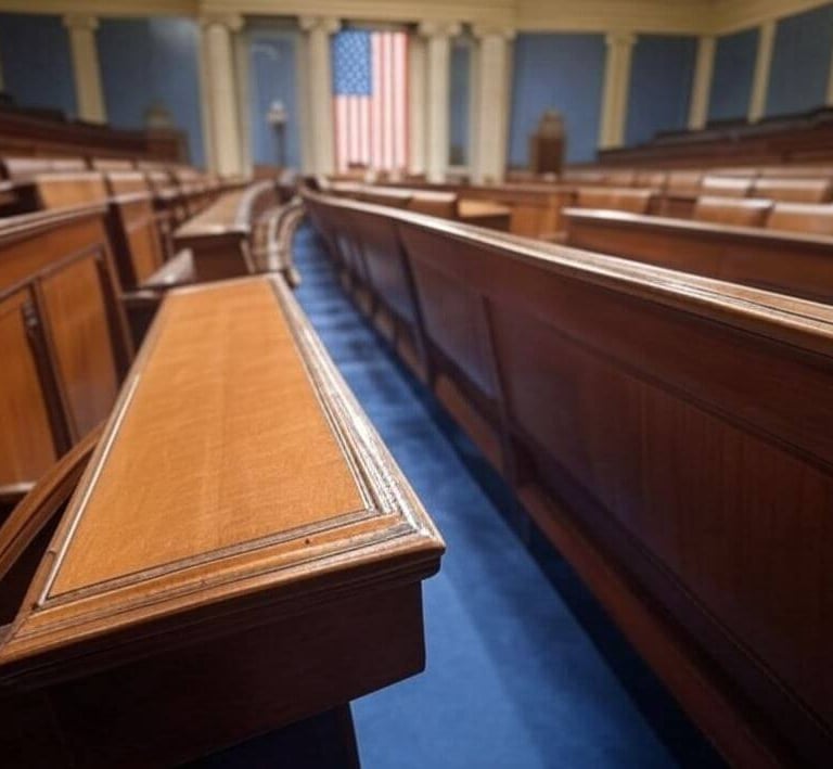 a row of wooden benches in a courtroom