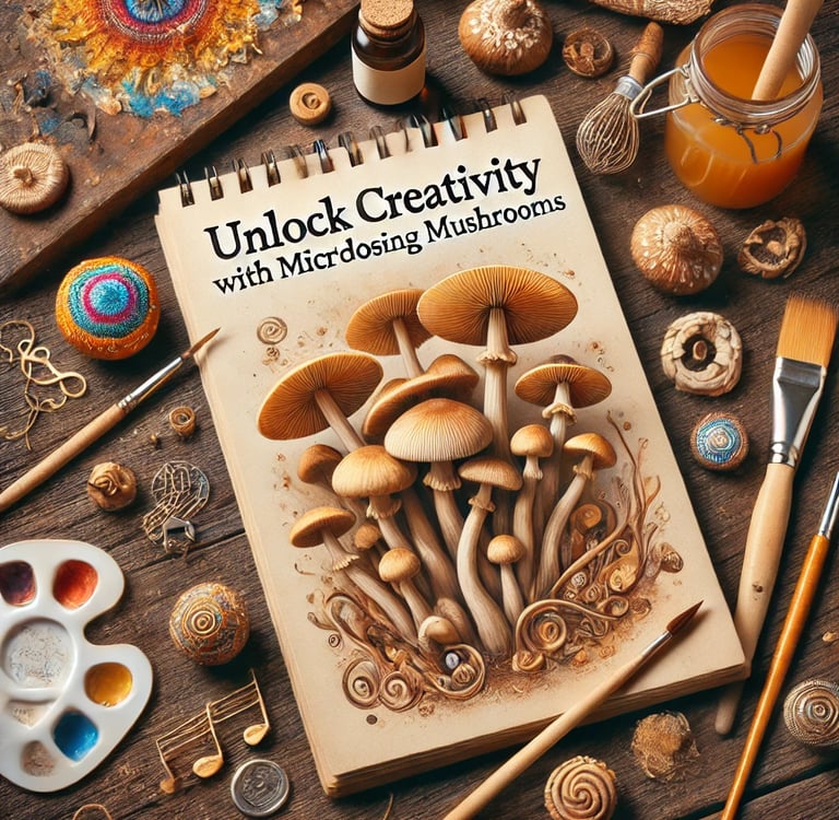 Artistic composition featuring a sketchbook with mushrooms growing from its pages, surrounded by pai