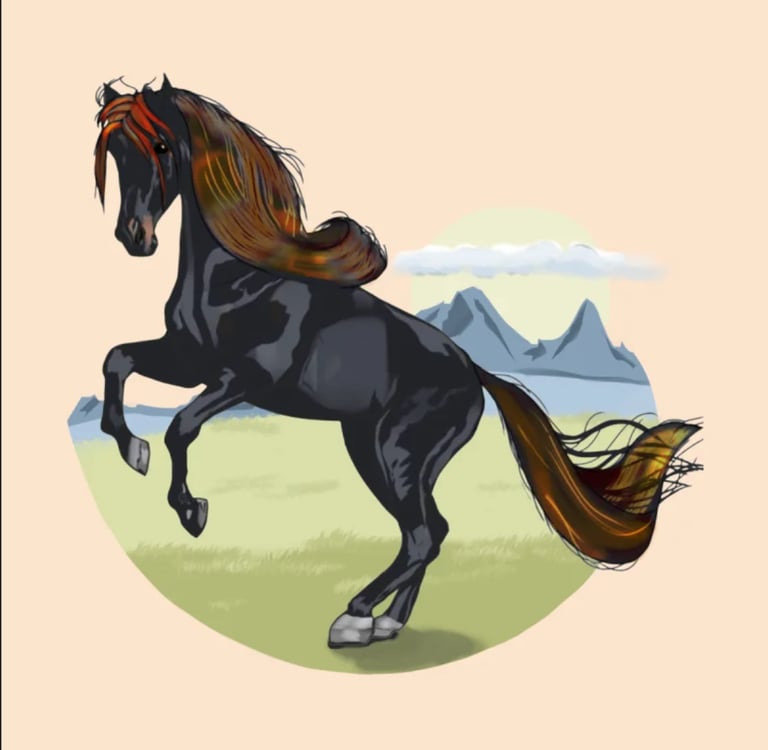Illustration wild horse rearing with mountains in the background