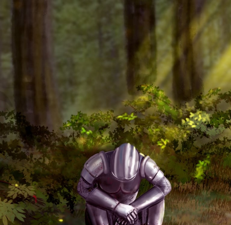 Illustration armoured knight sitting in the forest, exhausted