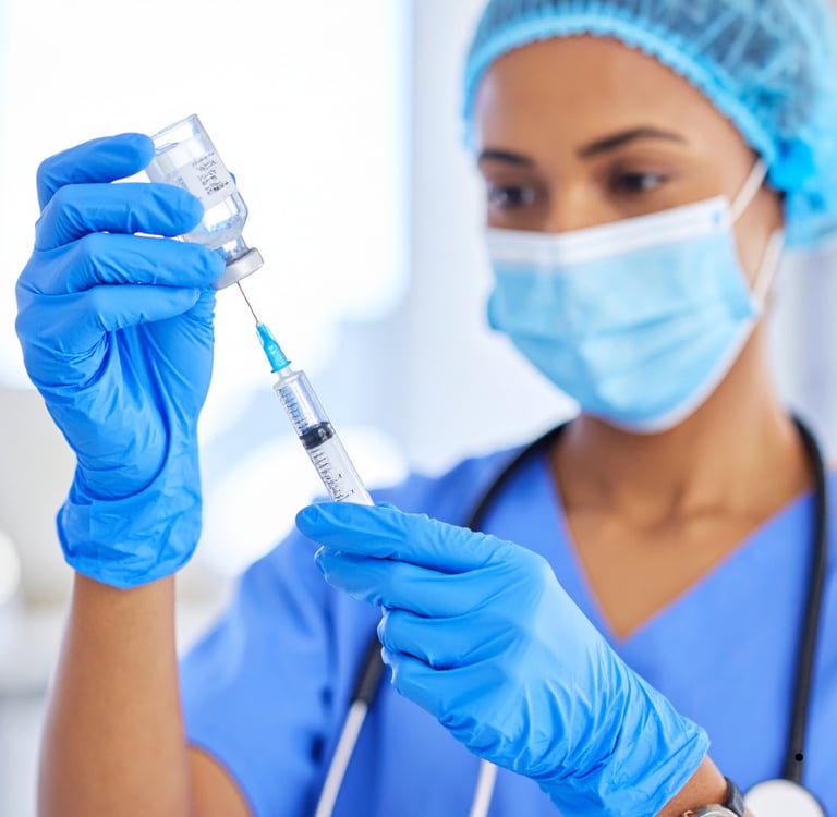 Profissional de saúde preparando vacina contra sarampo e poliomielite.