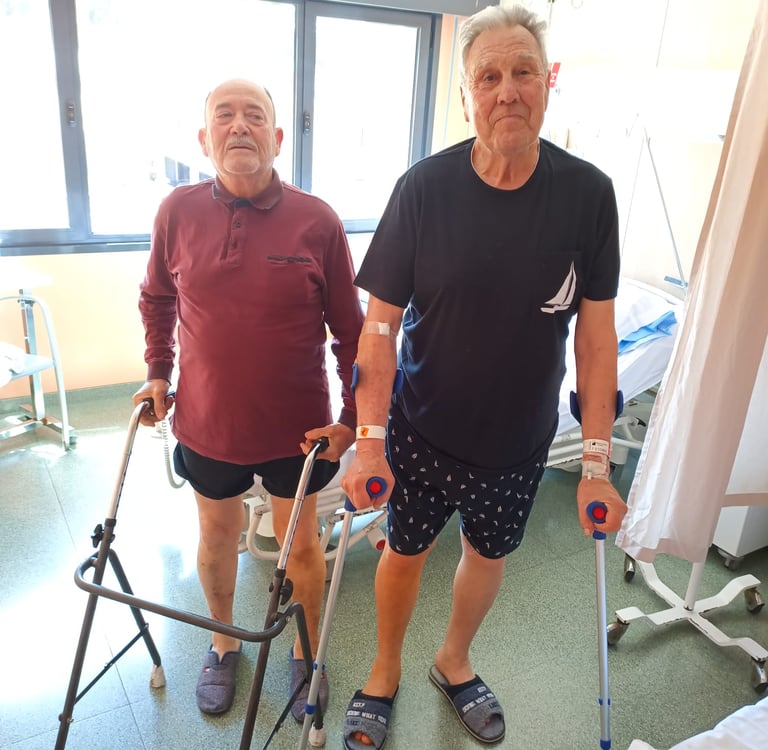 Pacientes caminando a las 12 horas de ser intervenidos de prótesis total de cadera.