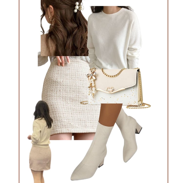 Full outfit collage featuring sweater, tweed skirt, boots, tights, pearl clip, and retro bag.