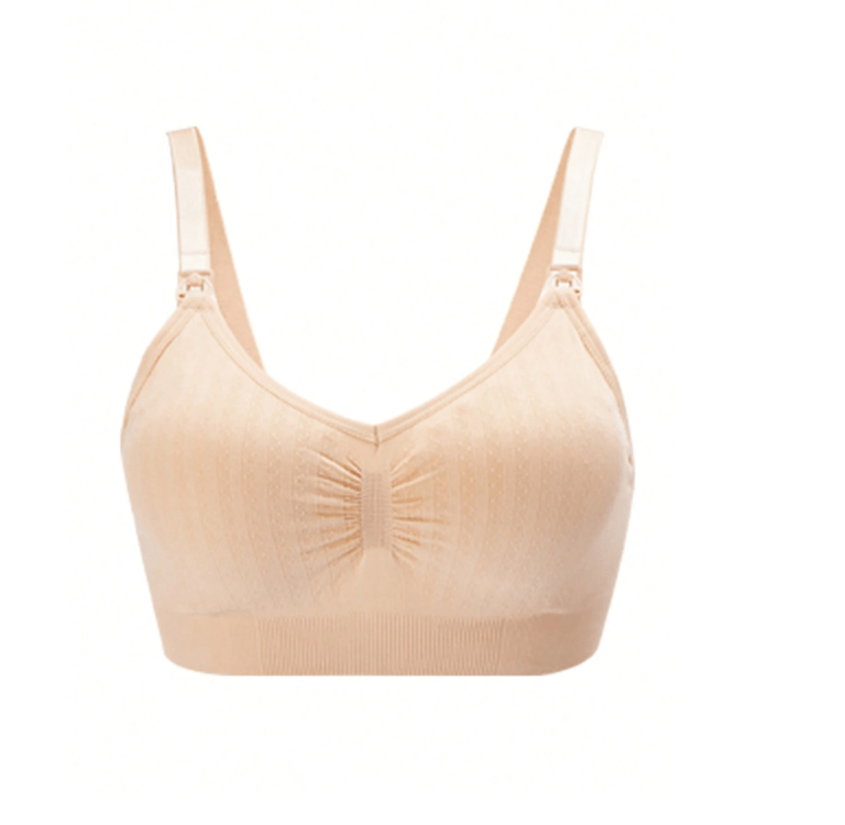 Beige maternity ruched nursing bra with soft stretch fabric.