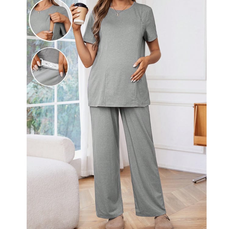 Grey maternity short sleeve breastfeeding top with matching adjustable pants – soft knit, nursing