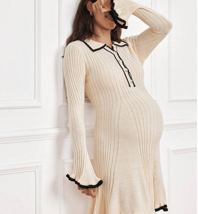 Christmas maternity knit long sleeve sweater dress with collar, cozy holiday winter dress for pregna