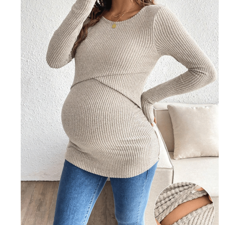 Solid color ribbed knit nursing long sleeve shirt, maternity/pumping friendly autumn winter top