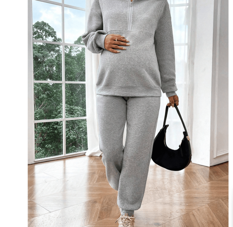 Two-piece maternity thermal set with zip-front long sleeve top and matching pants, soft winter loung
