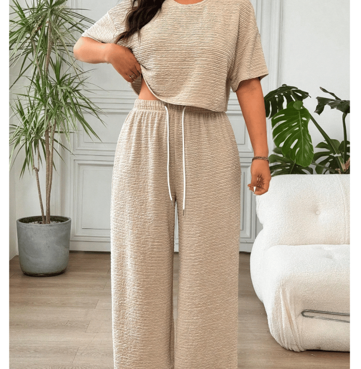 Apricot SHEIN plus-size two-piece casual suit with dropped shoulder blouse and drawstring waist pant