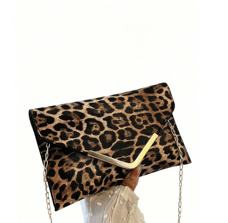 PU leather leopard print chain shoulder bag, bold cheetah pattern purse for chic winter fashion.