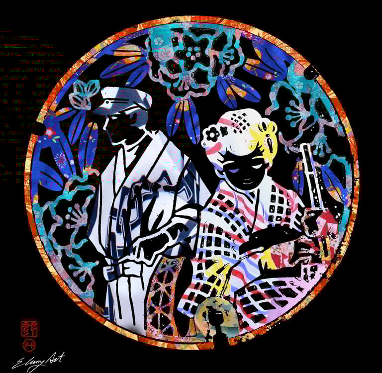 digital photo montage print black, kimono fabric, manhole cover design, Japan, collage photography, storm drain cover