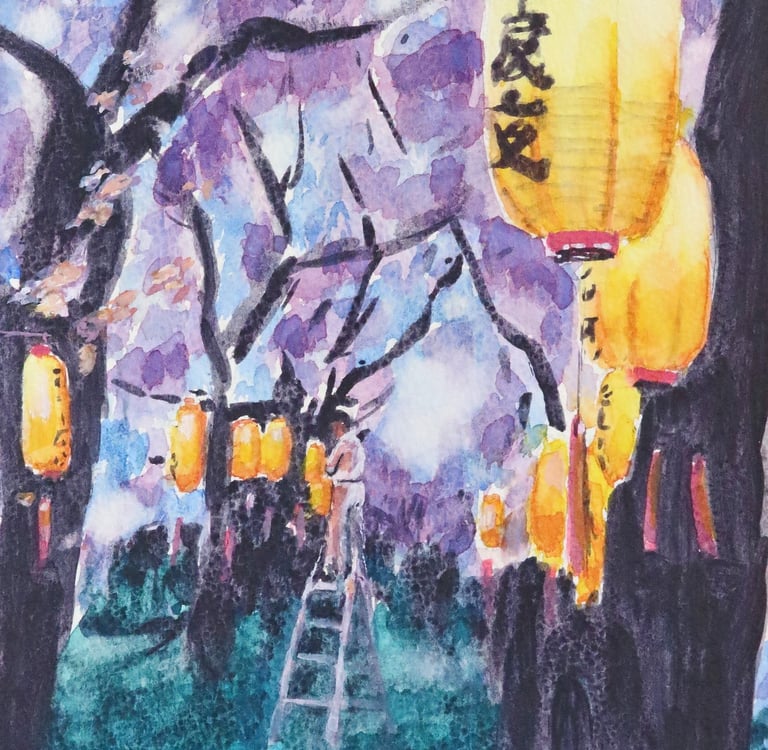 original watercolor painting Sakura blossoms trees nature lanterns Japan