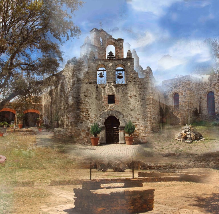 digital photo montage print, collage photography, travel enthusiast, Mission Concepcion, San Antonio, architecture, church