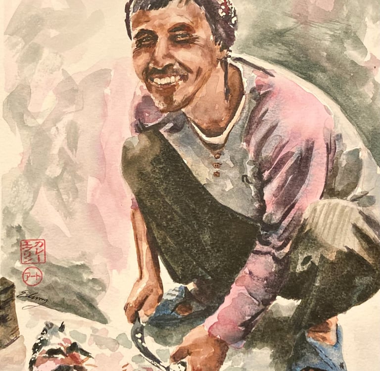 original watercolor painting man smiling Nepal portrait 