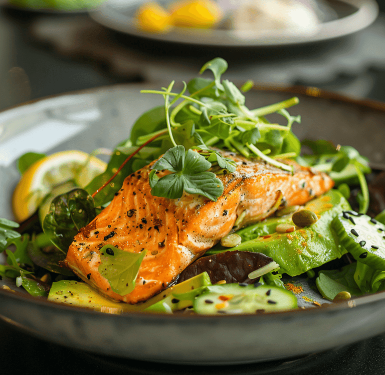 a plate of food with a salad and a salad