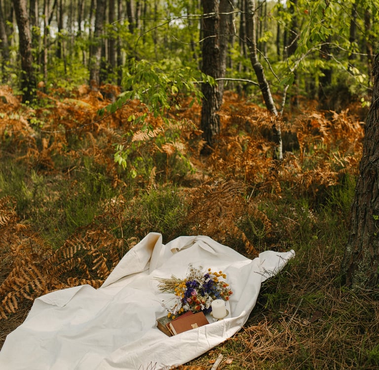 drap blanc dans forêt avec livre et bouquet de fleur