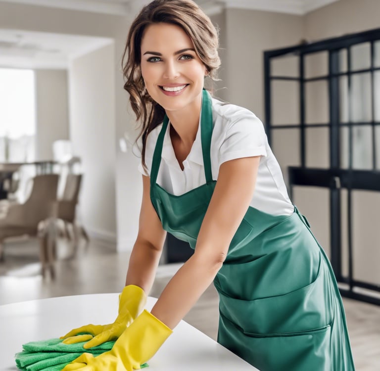 a cleaning lady in a green apron and yellow gloves do hausekeeping and cleaning service