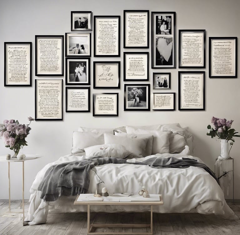 a gallery wall of romantic quotes or love letters