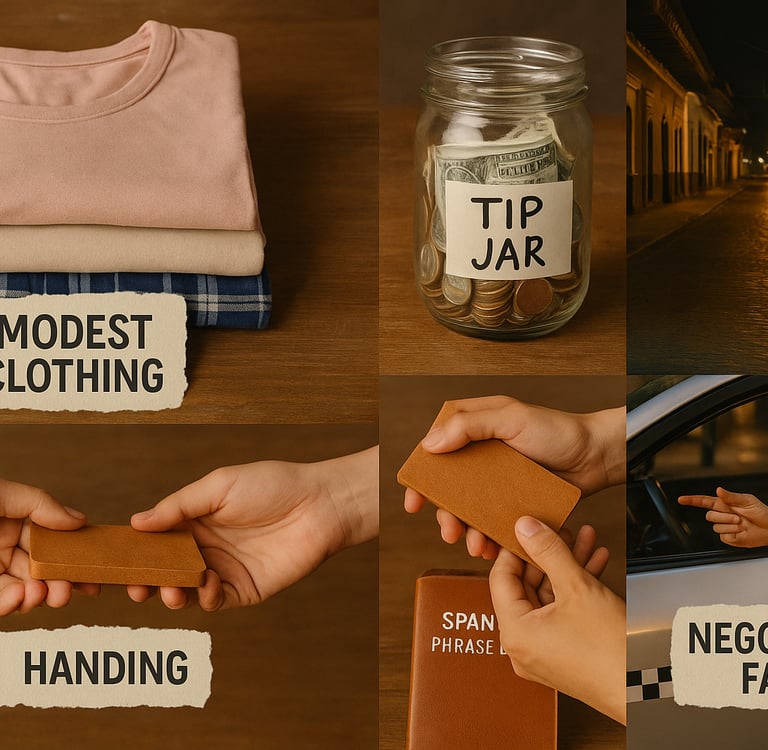 Collage of cultural and safety tips for Nicaragua, including modest clothing, tip jar with dollars, hands exchanging an item