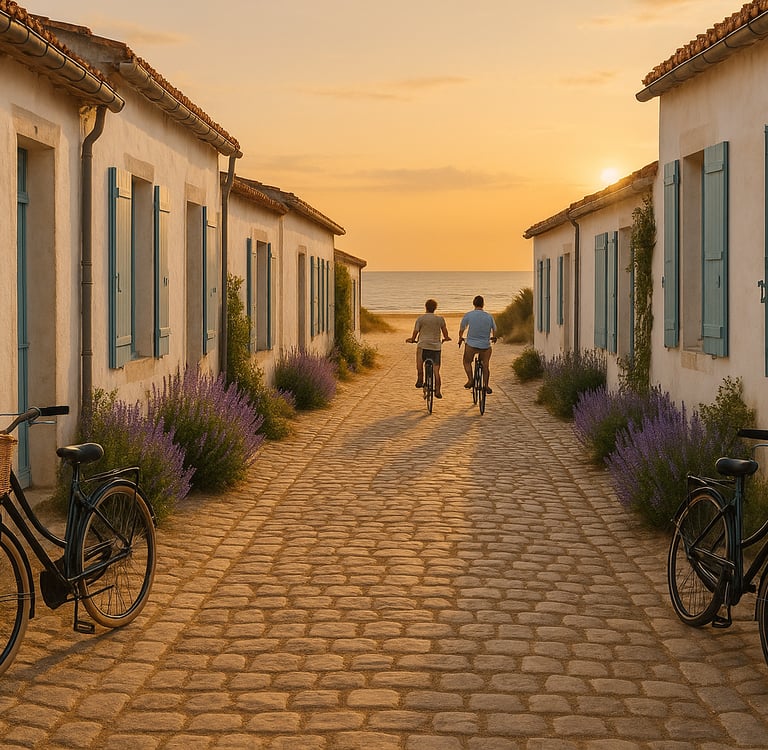 Coastal village on Île de Ré, France, with whitewashed cottages, pastel-blue shutters, cobblestone streets, parked bicycles, 