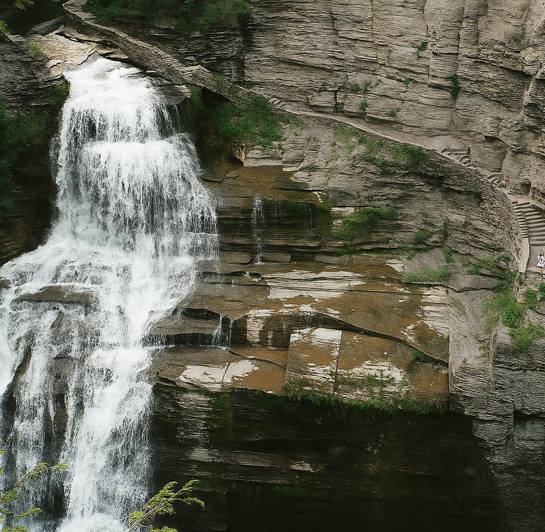 A towering waterfall plunging 115 feet down layered shale cliffs into a rocky gorge, surrounded by dense hardwood forest in a