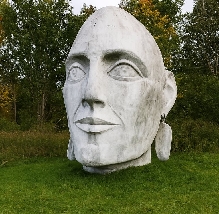 Massive stone sculpture of a human face known as “Mother Earth” at Taconic Sculpture Park in Spencertown, New York, surrounde