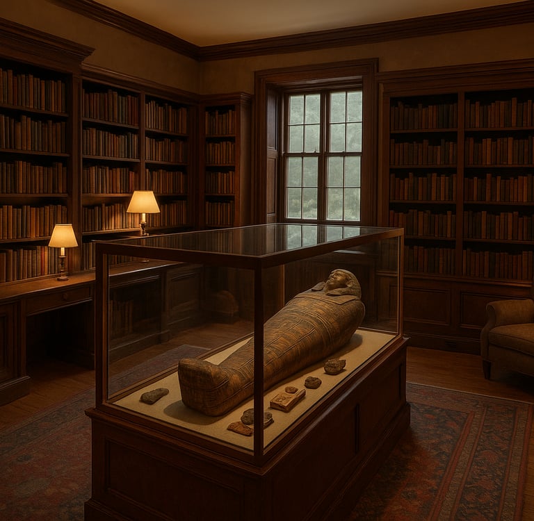 A cozy historic library room with a glass case displaying an ancient Egyptian mummy and artifacts, warm lighting and wooden s