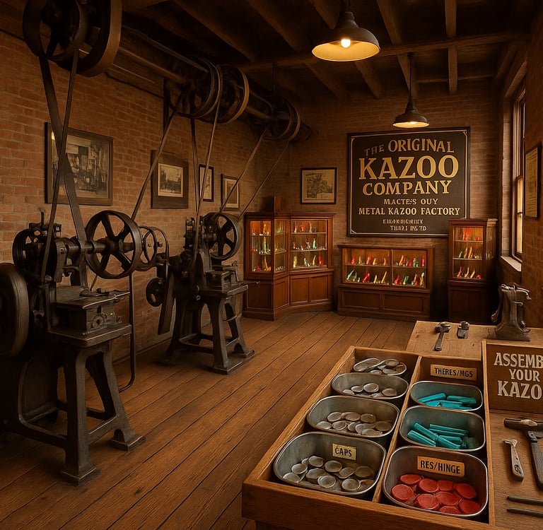 Interior of the Original Kazoo Museum and Factory in Eden, New York, showing vintage kazoo-making machinery, display cases wi