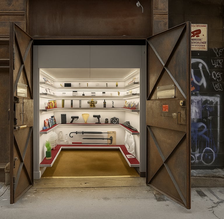 Mmuseumm in Tribeca, New York City, a tiny museum inside a former elevator shaft in a narrow alley, displaying eclectic objec