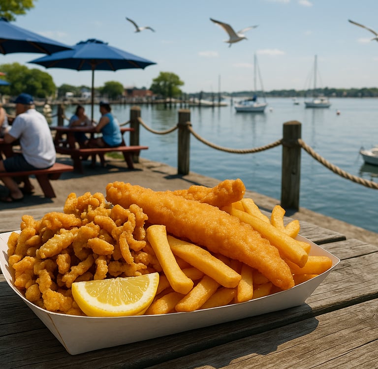 Fried seafood platter with clams, fish fillets, and fries served on a wooden table by the water at City Island in the Bronx, 